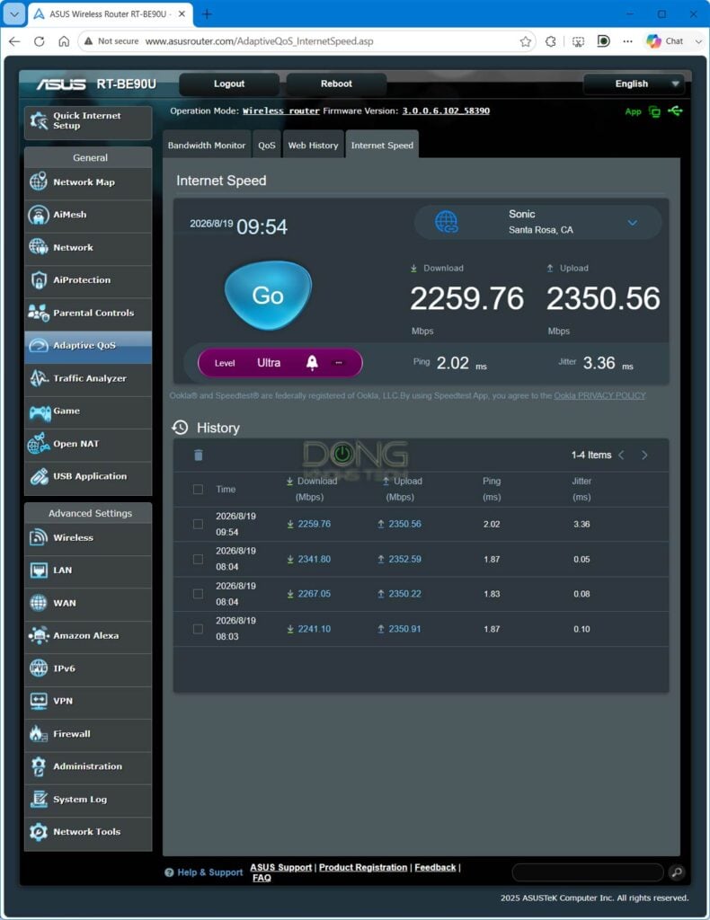 The ASUS RT BE90U's Internet speeds match its port grade making it a good router for those with up to 2 Gbps broadband