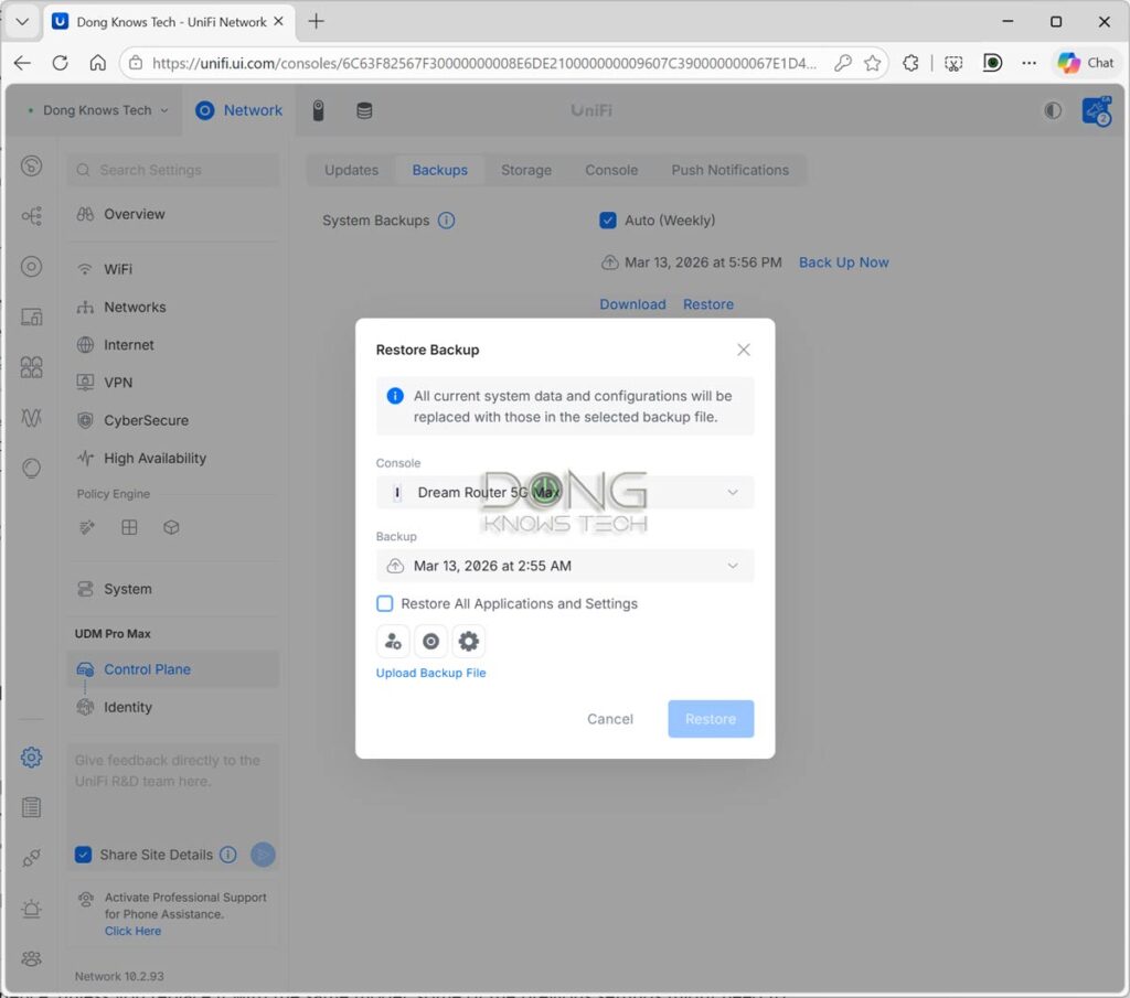 Ubiquiti UniFi Cloud Gateways Buying Guide and Tips: Build Your Perfect UniFi "Router" or Wi-Fi System Today! 18 The Backup and Restore section within the web based interface of a Ubiquiti UniFi Cloud Gateway