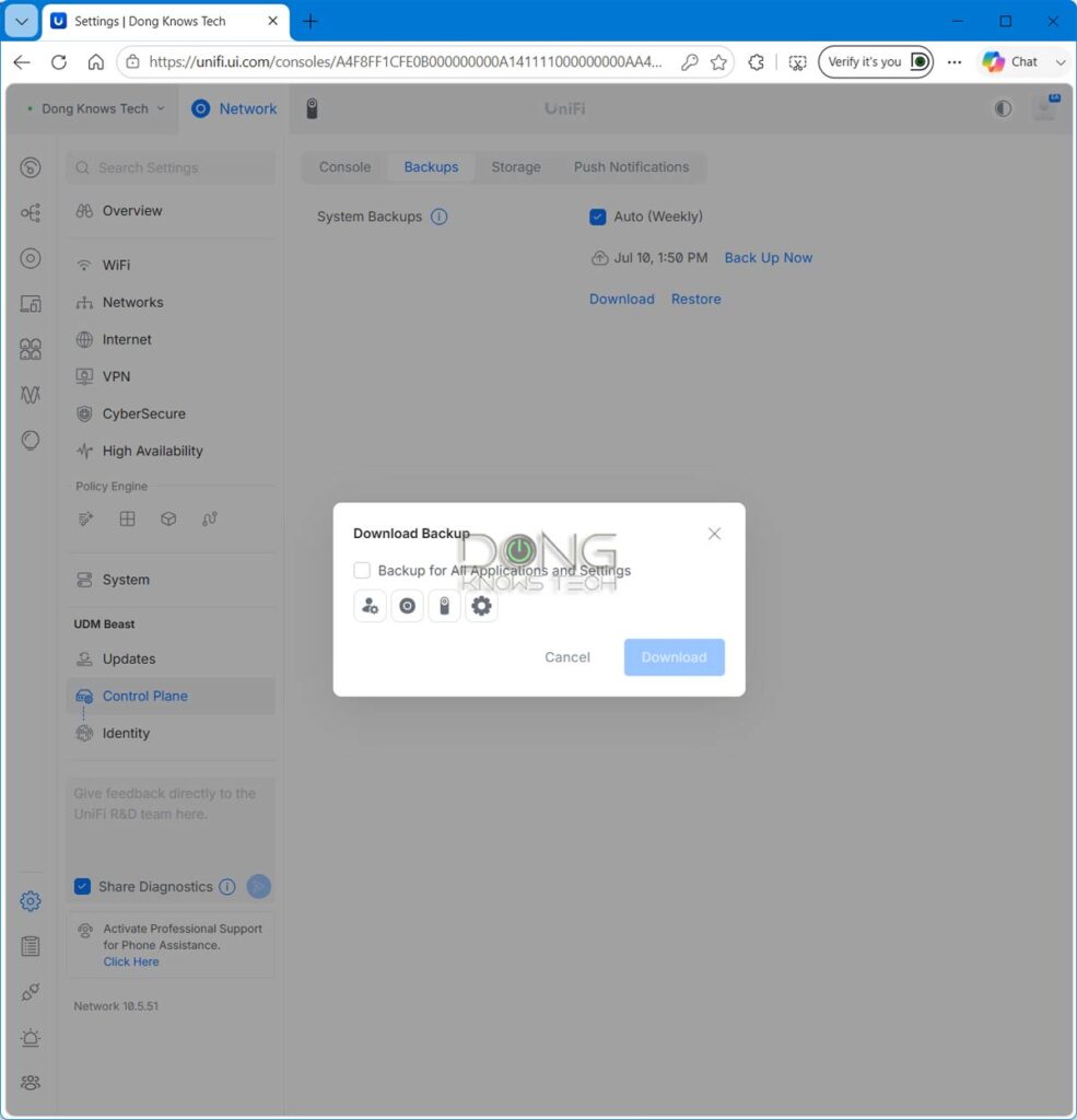 The Backup and Restore section within the web based interface of a Ubiquiti UniFi Cloud Gateway. You can choose to back up a particular applications or all of them.