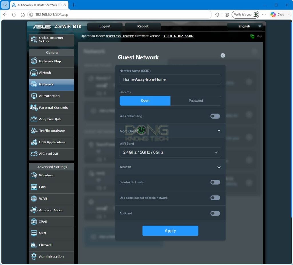 The Guest Wi-Fi network feature of an ASUS router