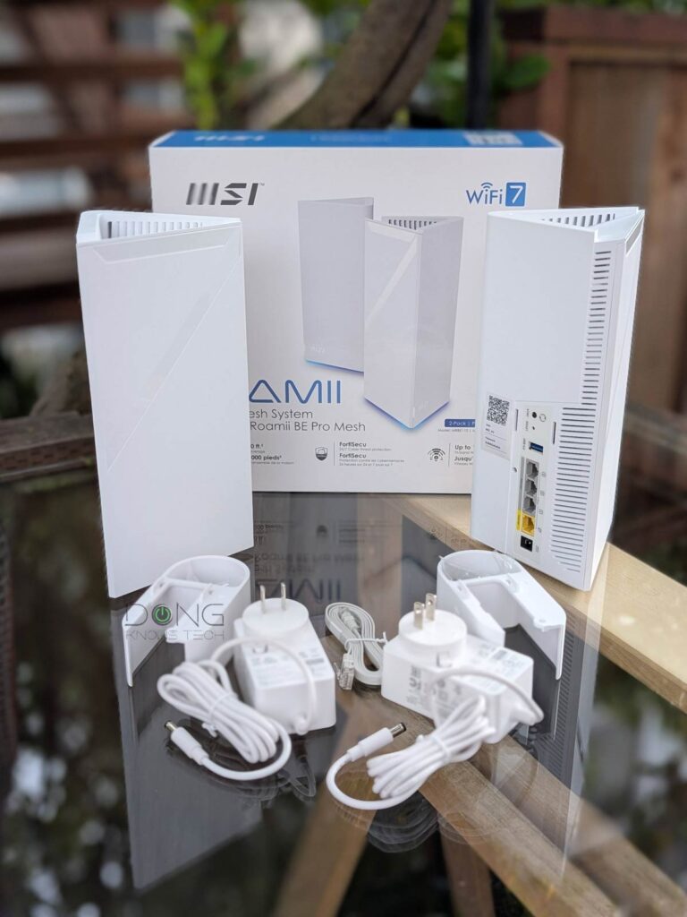 The MSI Roamii BE Pro comes in a 2 pack of identical mesh routers each with its own wall mount accessories and power adapter