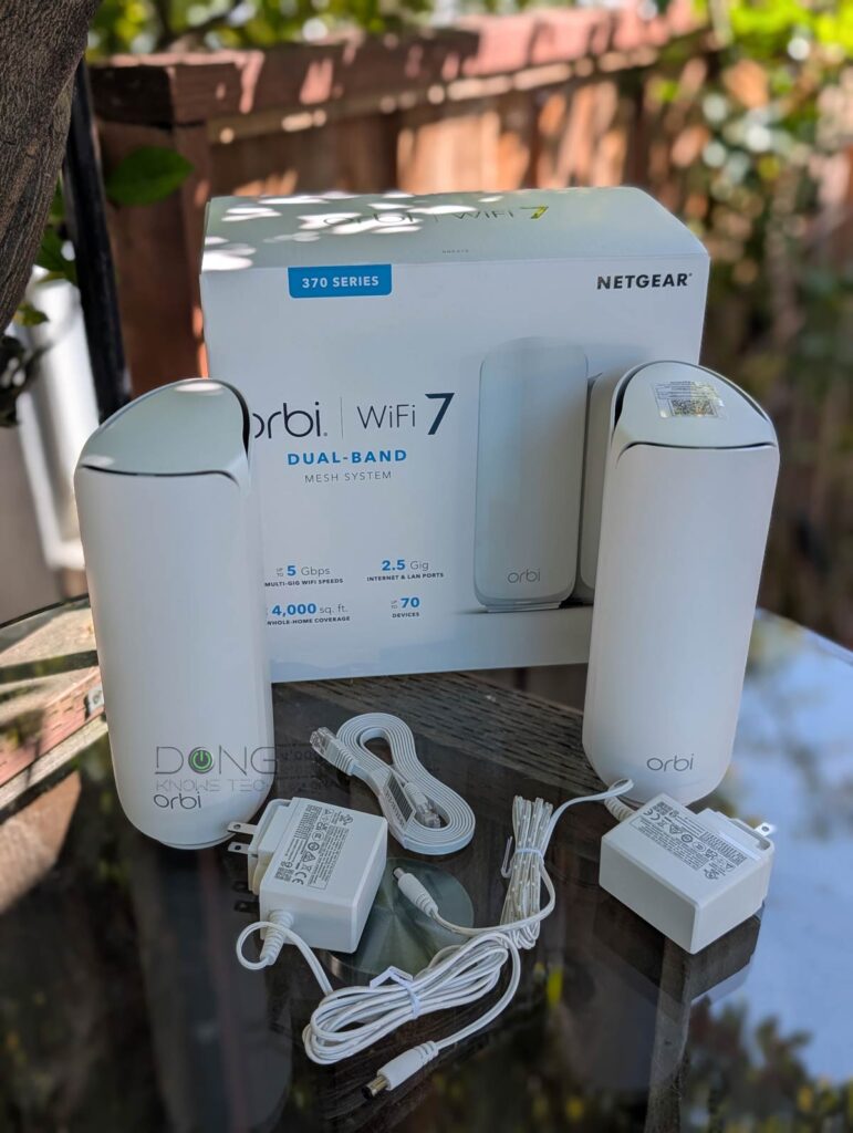 Orbi 370 Series Review (vs. Asus ZenWiFi BD5): A Tough Price Fight 1 The NETGEAR Orbi 370 Series comes with a router unit (RBE371) and one or more satellite unit (RBE370) and a power adapter for each