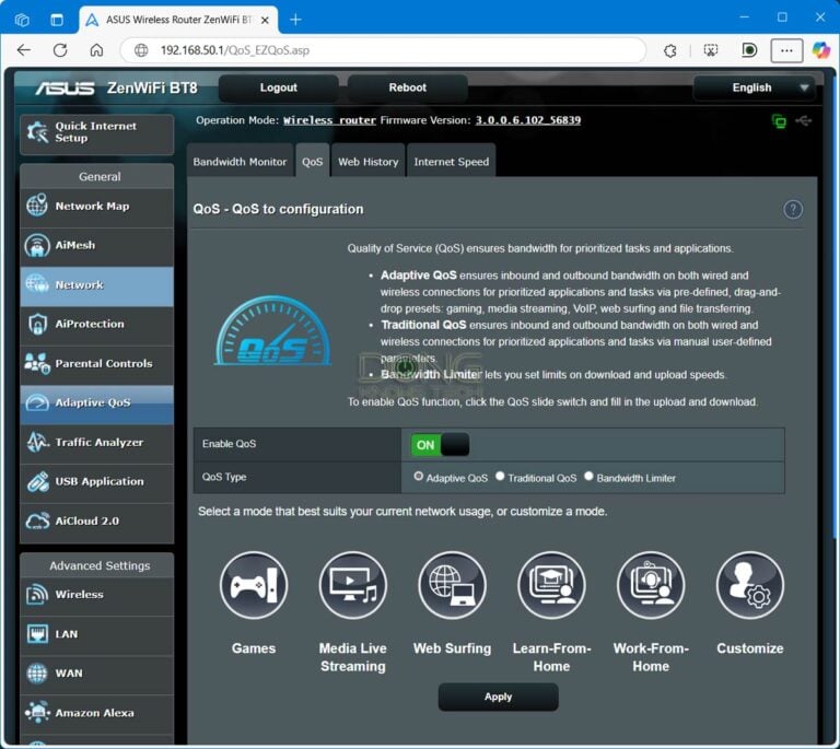 The Quality of Service QoS section of an ASUS router