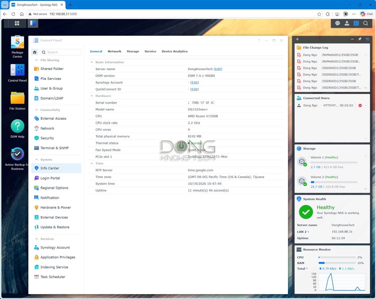 The Synology DS1525neo+ web based user interface