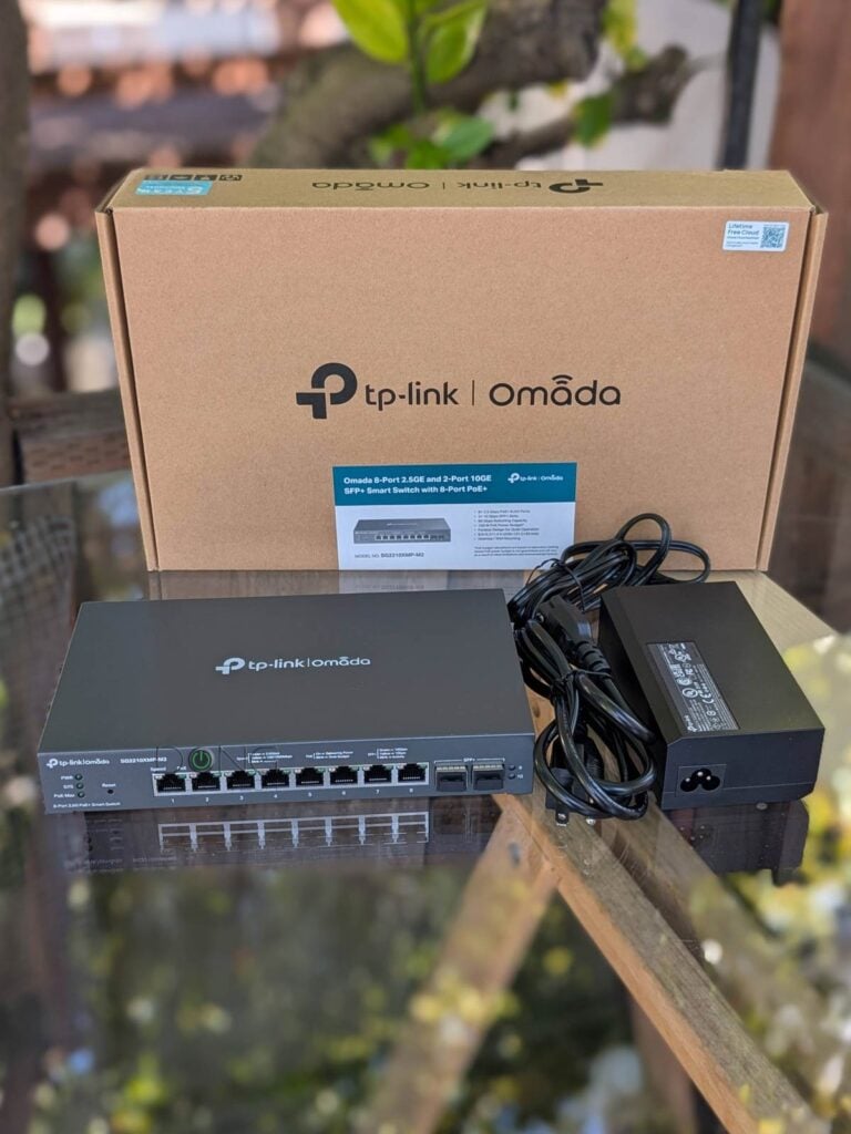 The TP-Link Omada SG2210XMP-M2 PoE+ switch comes with a massive power adapter out of the box