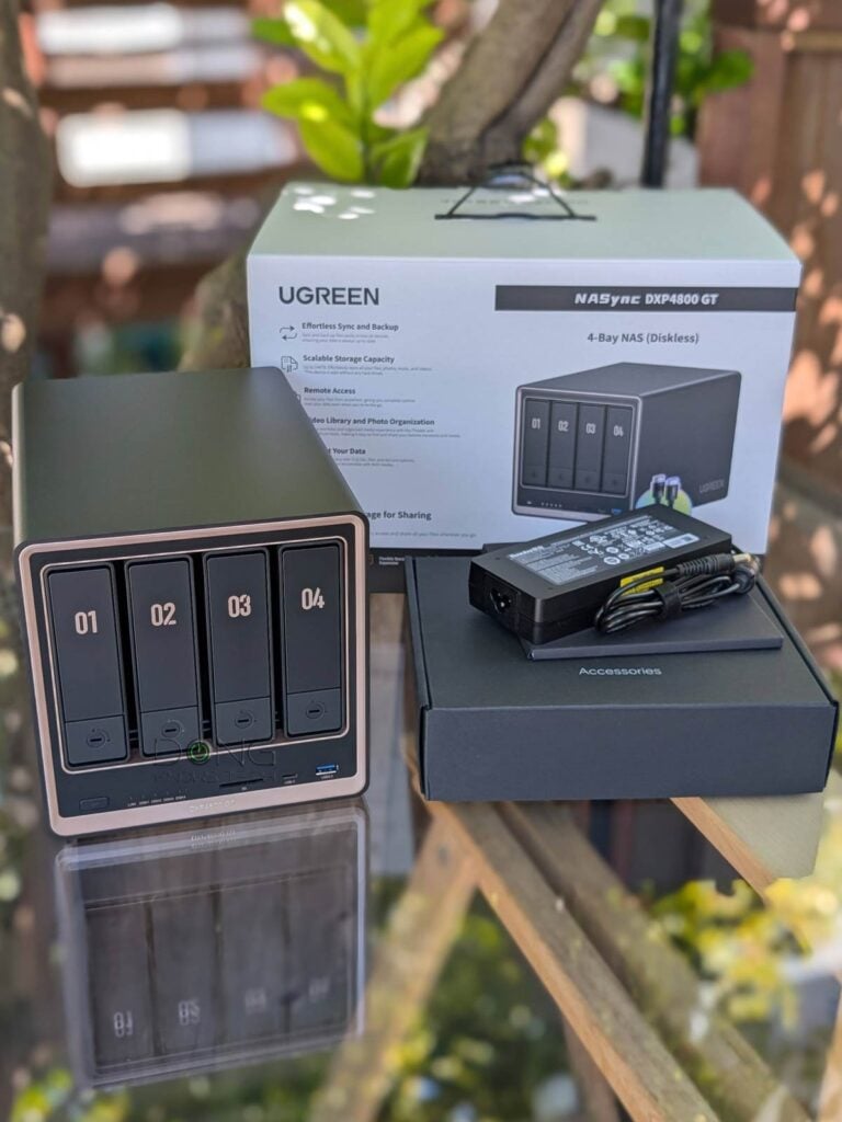 The UGREEN NASync DXP4800 GT comes with a power adapter and a box of accessories out of the retail package