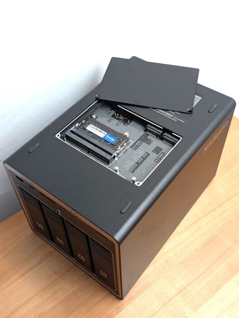 The UGREEN NASync DXP4800 GT comes with two M.2 slots for NVMe SSDs accessible via a trapdoor on its underside that also allows users to upgrade or replace its RAM sticks