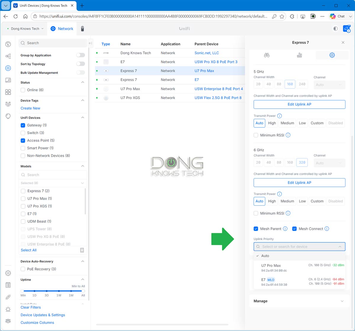 The UniFi Express 7 (UX7), like all other UniFi tri band access points, has both Mesh parent and Mesh Connect functions, and admin users can pick which source access point it connects to