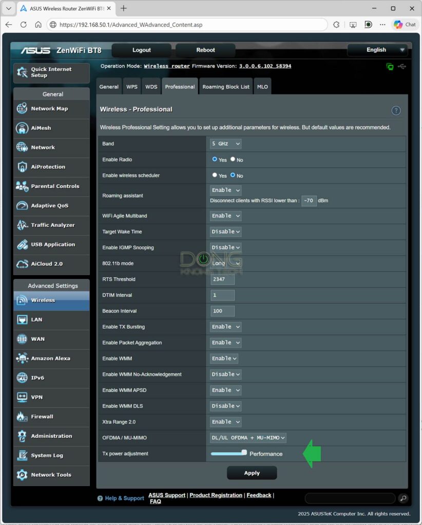 The dBi or Wi-Fi broadcasting power setting on an ASUS router