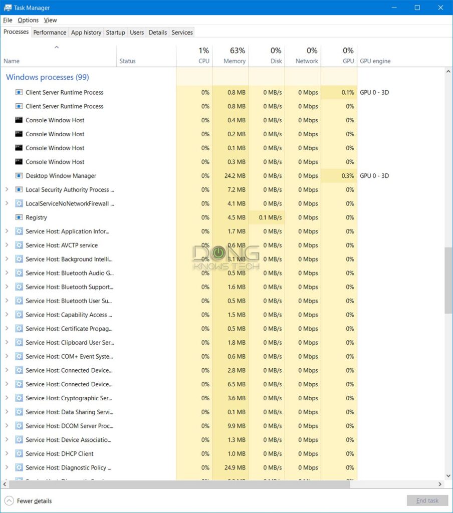 The running services within Windows 10