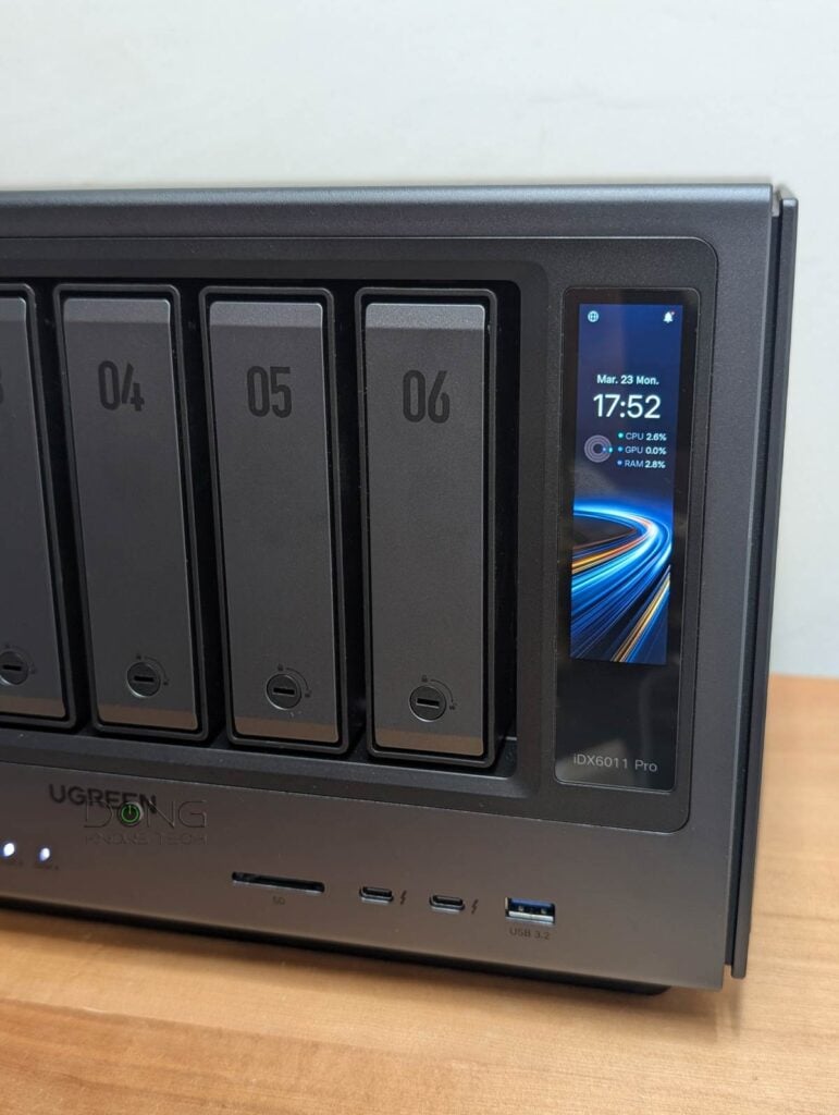 The touchscreen of the UGREEN NASync iDX6011 Pro is a bit of a gimmick though can be helpful if you need to quickly find out the server's status