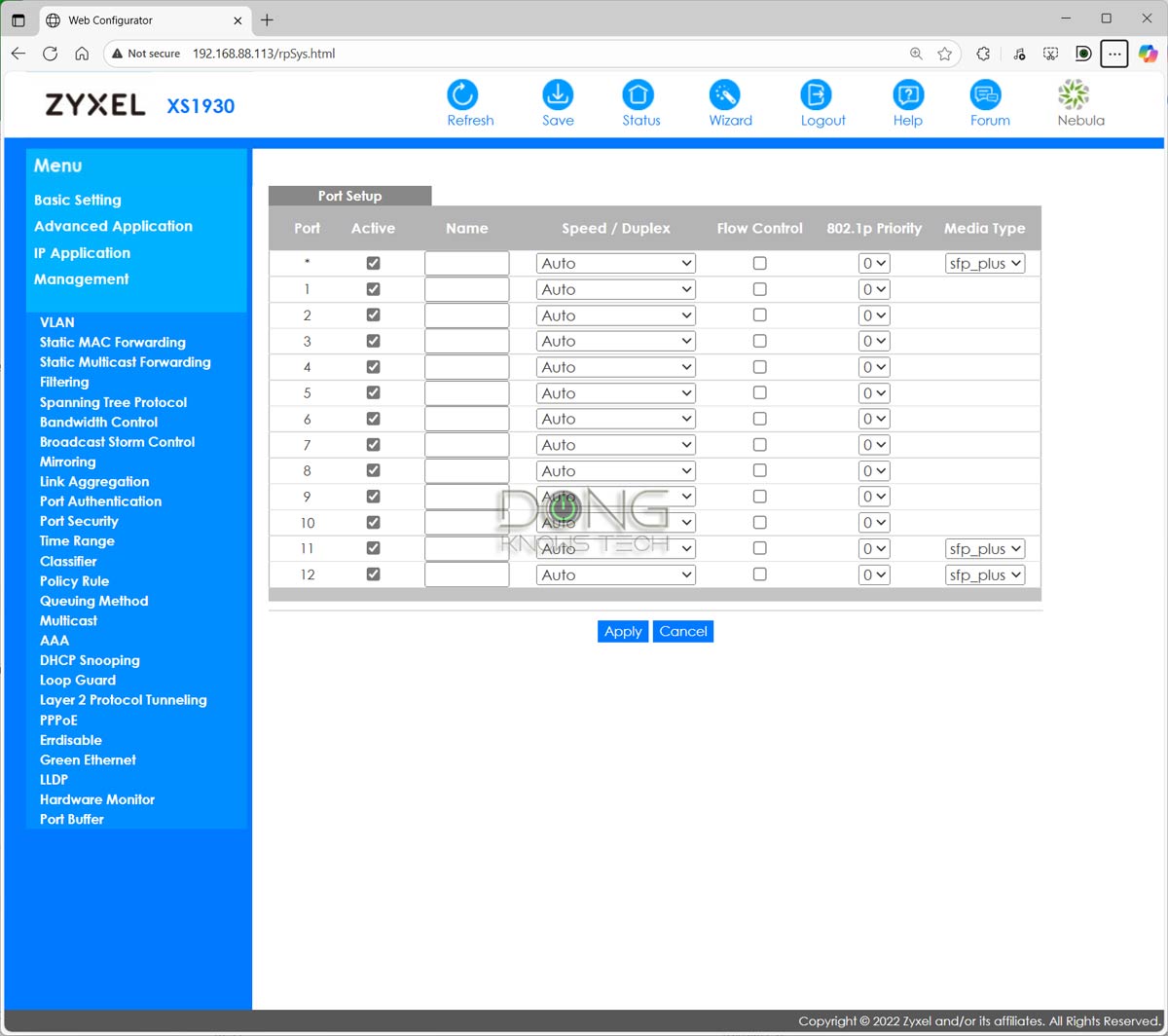 The web user interface of a Zyxel managed switch