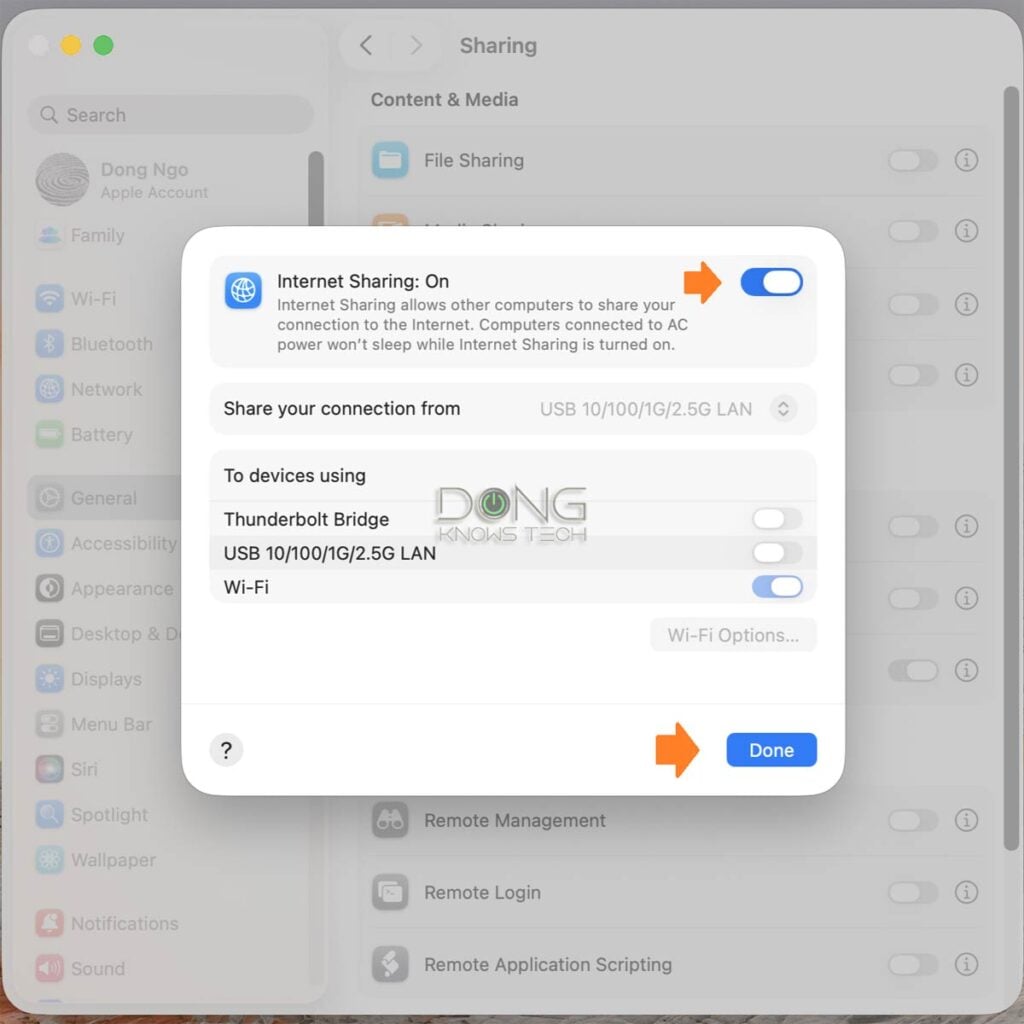 Turning on Internet sharing on a Mac