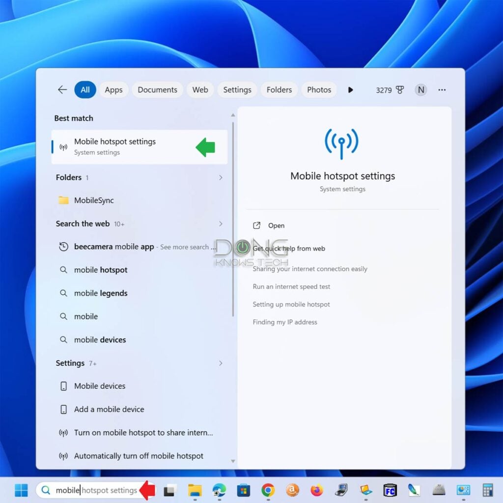 Turning your laptop in to a Wi-Fi travel router by calling up the Mobile Hotspot Settings