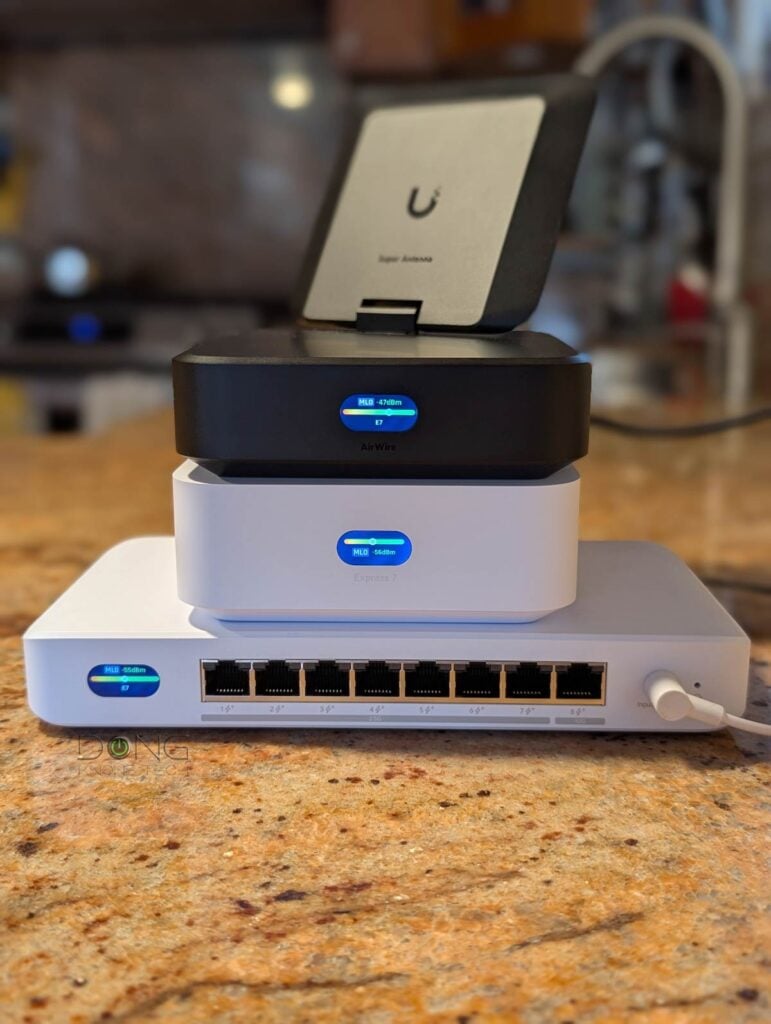 Ubiquiti UniFi Whole Home WiFi Mesh's STR MLO in action shown here with the AirWire, the UniFi Express 7 (as a mesh point) and the UDB Switch
