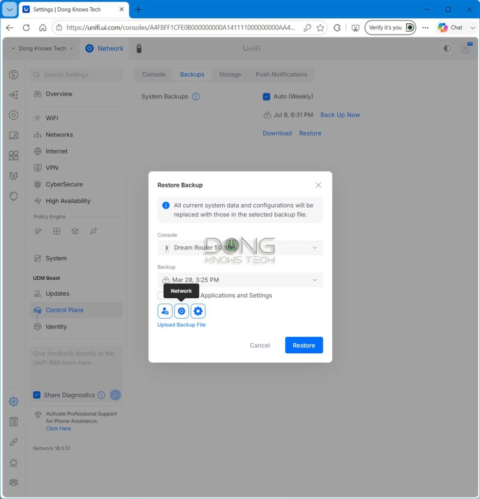 UniFi Network Restore non UNVR