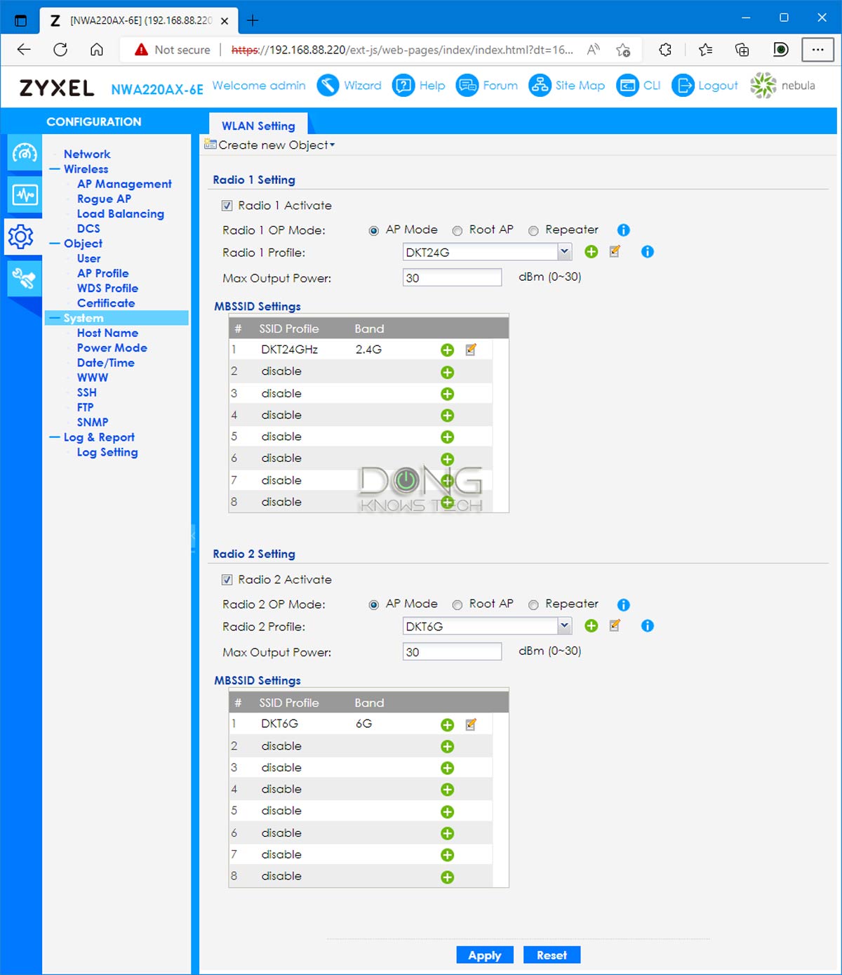 Paramètres de l'interface utilisateur Web ZyXel NWA220AX 6E